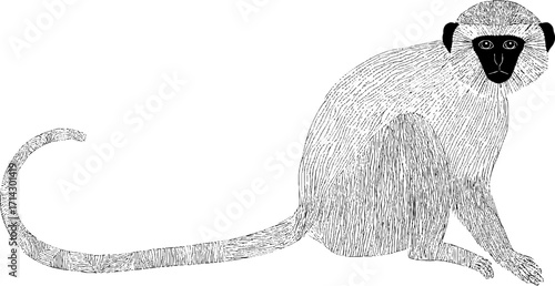 Elegant black and white line art of a monkey in minimalist style for decorative design