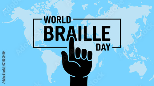 World Braille Day Awareness Poster – Hand Pointing Symbol on Global Map