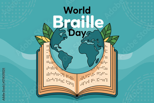World Braille Day vector illustration for global literacy, featuring a globe emerging from an open book with tactile text.