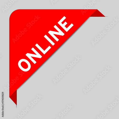Red color of corner label banner with word online on gray background