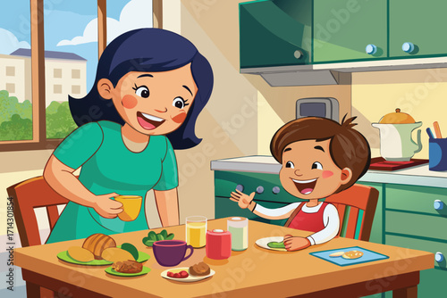 Joyful mother and child share a happy breakfast in a bright, cheerful kitchen setting
