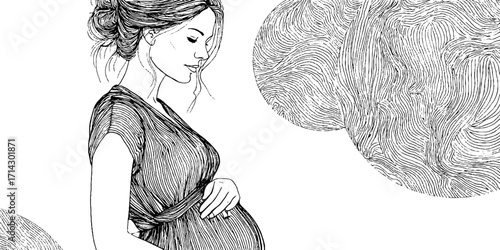 Black and white line art of pregnant woman - tranquil motherhood portrait for decor and design