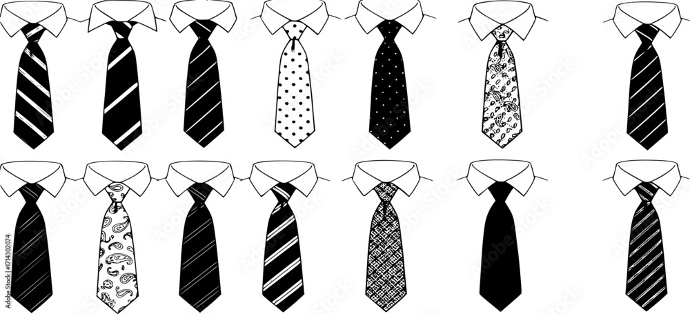 Sixteen drawings of a business tie on a white mens shirt

