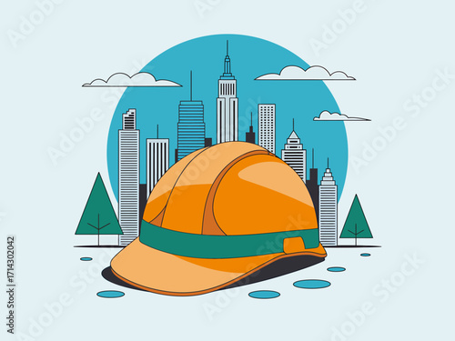 Construction Helmet with City Skyline Safety Illustration