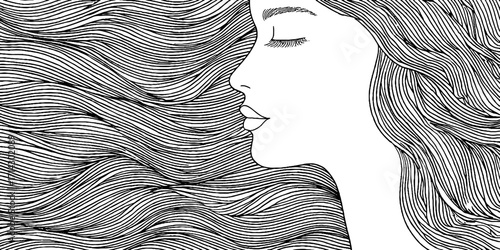 Elegant line art of woman's profile with flowing hair - perfect for modern design and art projects
