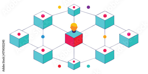 Abstract network of interconnected cubes with a central figure. These vector pictograms of a connection, technology, data, blockchain, system, digital, illustration. 