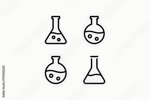 Set of four simple outline icons representing different laboratory flasks with liquid and bubbles, perfect for science and research themes.