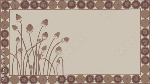Floral design with buds and circular border elements in sepia tones and blank space for text