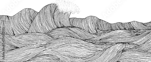 Black and white line art of ocean wave and mountain scene