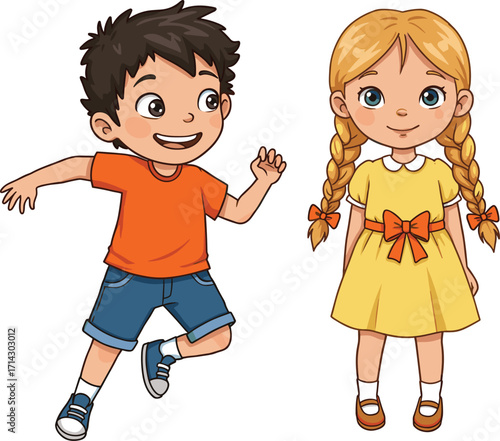 Cartoon children illustration, cheerful boy and girl, playful pose, colorful outfit, braided hair, running child, white background, happy kids drawing