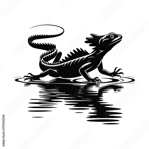 Elegant Basilisk Lizard Illustration in Water Black and White Silhouette Style Artwork