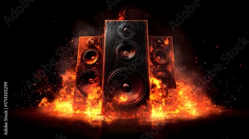 Complete sound system with dual tower speakers and central subwoofer engulfed in roaring flames, glowing heat and sparks against pure black background