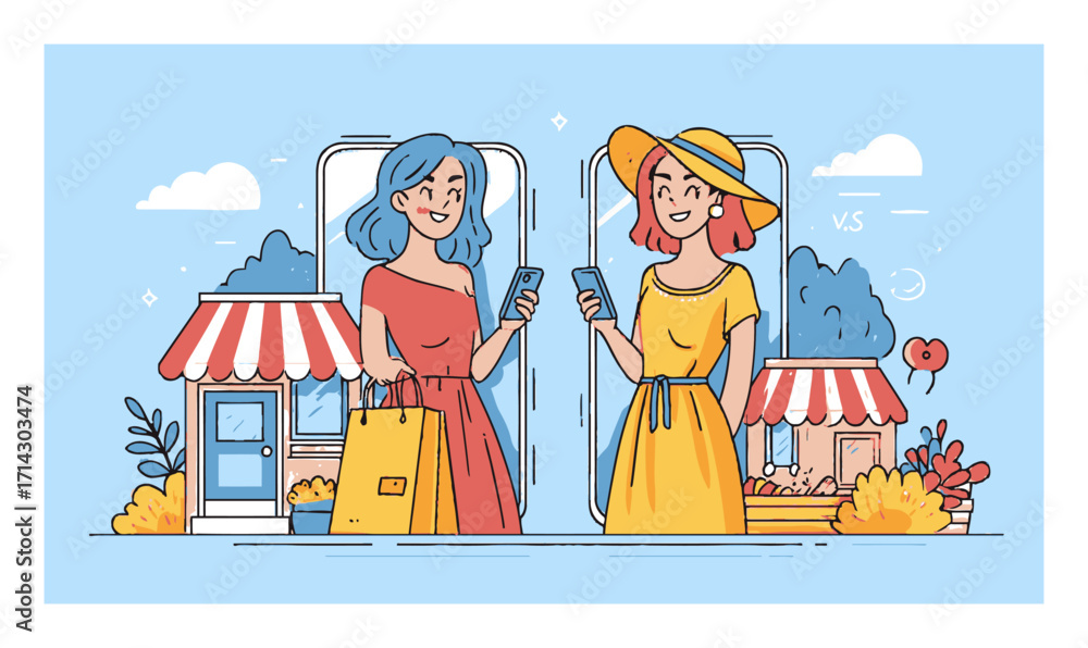 Obraz premium Charming Cartoon Women Shopping in a Vibrant Market Scene