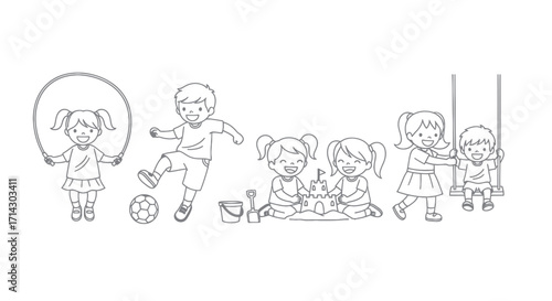 Children Playing: Skipping Rope Soccer Sandcastle and Swing Set Illustration.