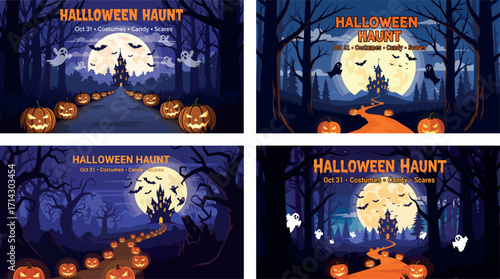 "Halloween Haunt" Horizontal Banner Set with Haunted Castle and Ghostly Figures on a Path