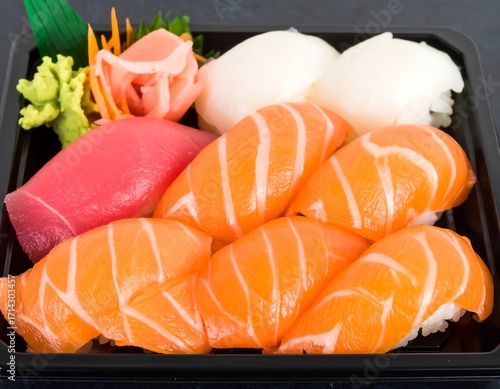 Assorted sushi in a black plastic container