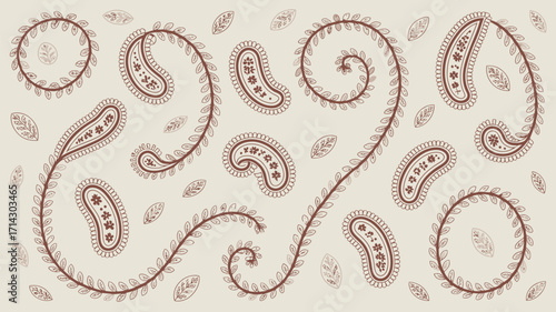 A beige background with paisley designs and leaf patterns in a repeating and elegant arrangement style