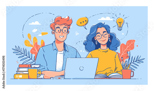 Young Couple Working on Laptop in Bright Cartoon Style with Plants