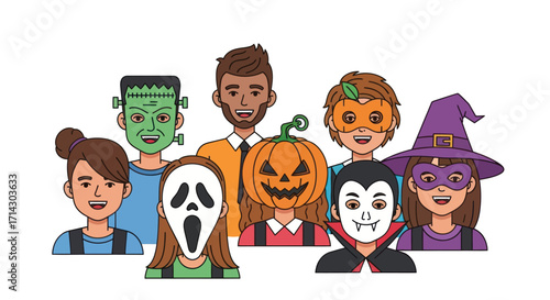 Diverse Group of Friends in Halloween Costumes Cartoon Illustration.