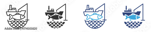 Industrial fishing icon set,  fishery boat and fishes , vector illustration . 
