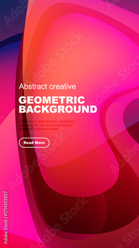 Abstract geometric background features vibrant pink, purple hues. Text overlay includes sample content, button. Modern design elements present.