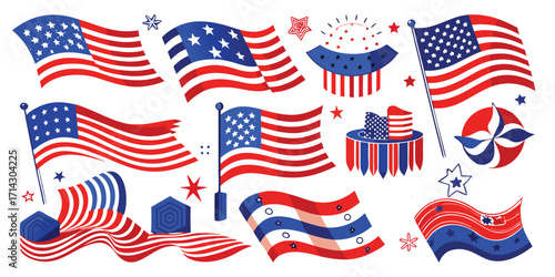 Collection of American Flags and Patriotic Symbols. These Vector pictograms of a USA flag, stars and stripes, patriotic, Independence Day, 4th of July, national holiday, illustration.