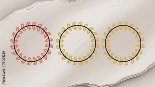 Three circles with floral designs in shades of orange and yellow on textured paper background art