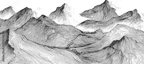 Abstract mountain landscape in black and white line art