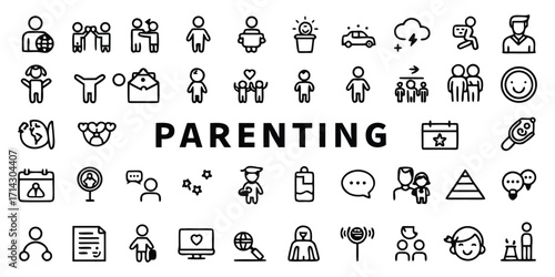 Collection of Parenting and Family Related Icons set. These vector pictograms are of a parenting, family, child, mother, father, and baby. education, design, mom, time, growth, illustration.