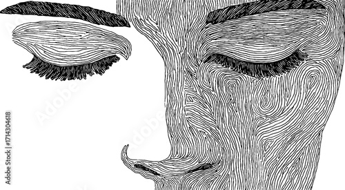Abstract black and white line art illustration of a contemplative face design for modern decor