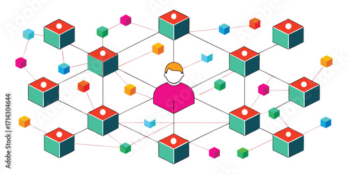 Colorful interconnected cubes forming a network around a central figure connection. These vector pictograms of a technology, data, blockchain, system, digital, communication, illustration. 