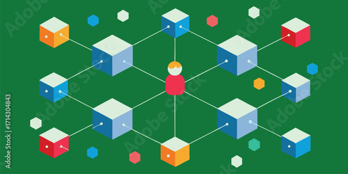 Connected network of isometric cubes and a central figure. These vector pictograms of a connection, technology, data, blockchain, cubes, isometric, digital, abstract, system, structure, illustration.,