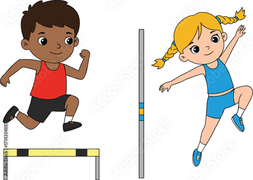 Cartoon children jumping hurdles, track and field, athletic kids, sports activity, fitness training, school competition, energetic movement, outdoor exercise, healthy lifestyle