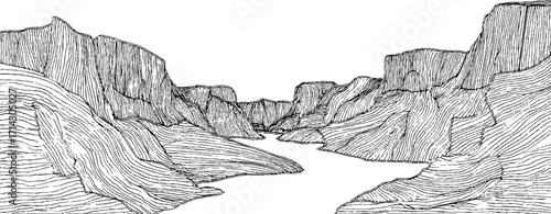 Monochrome abstract line art of canyon landscape for minimalist design
