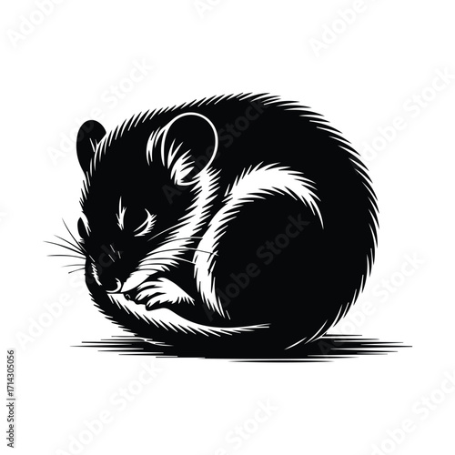 Elegant Black and White Illustration of a Curled Up Sleeping Mouse Vector Graphic