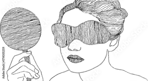 Abstract black and white line art of woman holding mirror