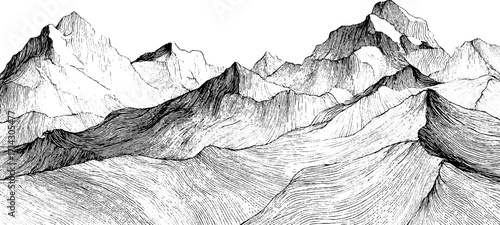 Black and white abstract mountain landscape in line art for design and decoration