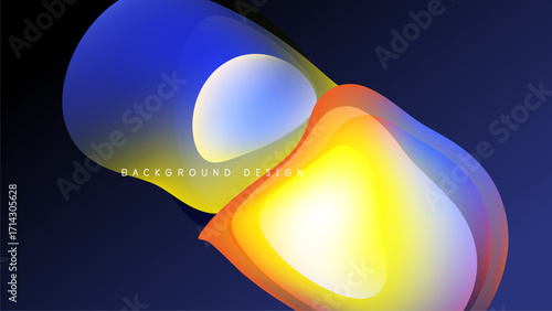 Abstract design features flowing shapes, vibrant colors. Blue, red, yellow gradients create dynamic visual effect on dark background.