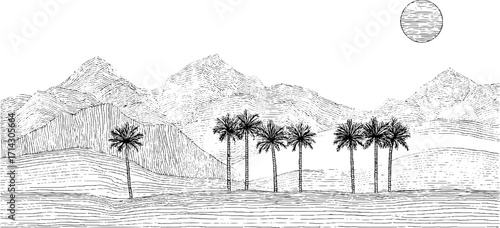 Minimalist line art of desert landscape with palm trees and mountains under sun