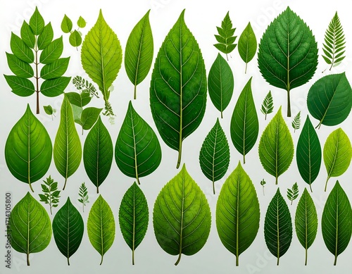 Assorted vibrant green leaves against a plain white background
