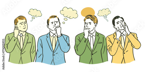 Four men in vintage suits, thinking elements. These vector pictograms of contemplation, decision, idea, problem, confusion, question, doubt, uncertainty, brainstorming, and strategy illustration. 
