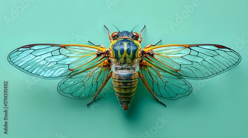 Insect on Green: Cicada with large transparent wings and robust thorax perched calmly against a mint green background