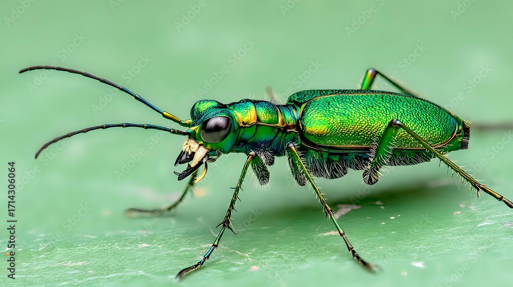 Fototapeta premium Insect on Green: Tiger beetle with metallic body and sharp mandibles positioned alertly on light green surface