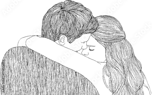 Intimate embrace line art - black and white illustration for romantic design