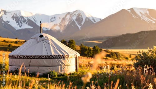 Fototapeta Naklejka Na Ścianę i Meble -  Mongolian yurt at dawn in a meadow