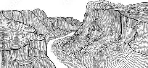 Black and white line art of canyon landscape for creative design