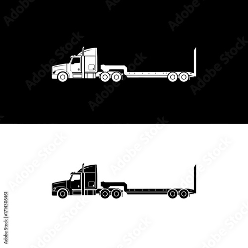 A detailed silhouette of a heavy-duty semi-truck with a lowboy flatbed trailer, presented as a black and white vector illustration for logistics and transportation