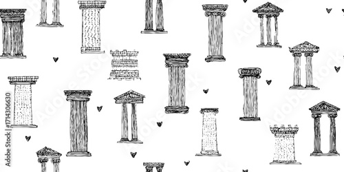 Black and white line art of classical architecture columns design for decor and education