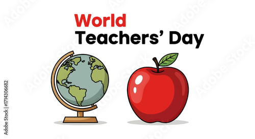Celebrate world teachers day with globe and red apple symbols of education and global learning vector