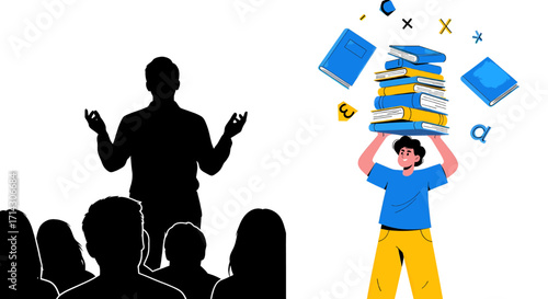 Public speaking silhouette and person carrying stack of books with floating objects vector
